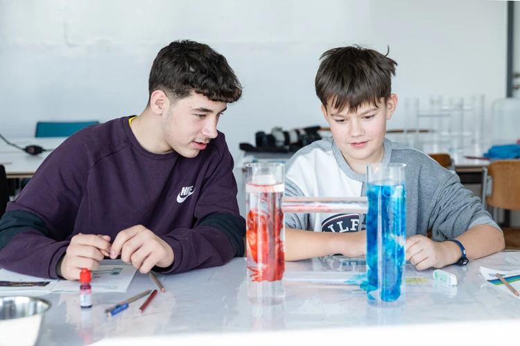 Zwei Jungen arbieten gemeinsam an einem Experimententisch mit farbigen Fl&uuml;ssigkeitszylindern und Bastelmaterial.